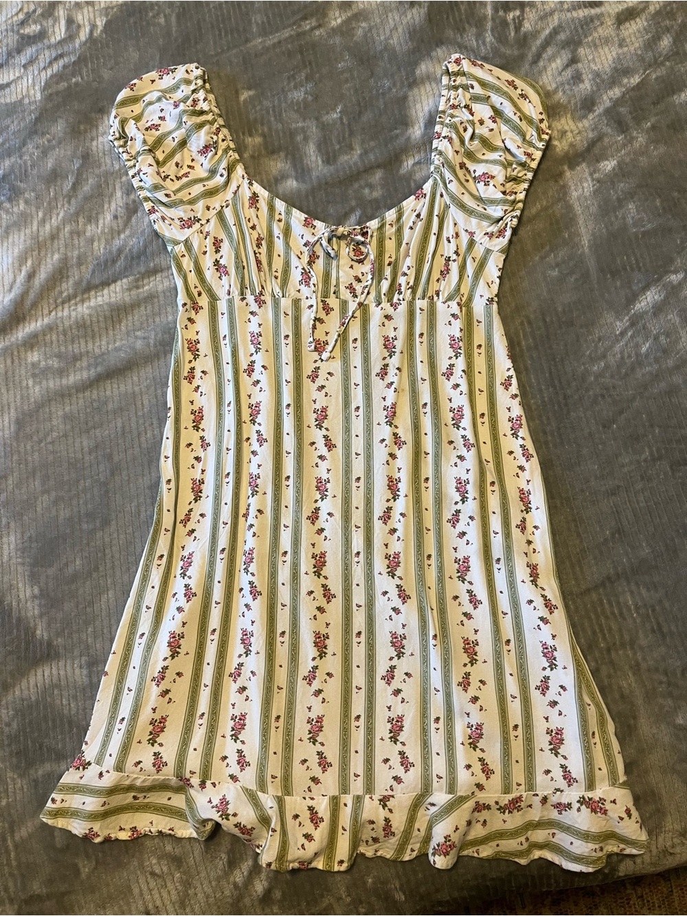 Floral Stripe Summer Dress Square-Neck Women’s in White, Soft Pink and Green